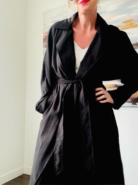 H&M Lightweight Black Tie Waist Trench Coat Duster Size Large